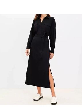 LOFT Black Midi Shirt Dress with Waist Tie and Side Slit